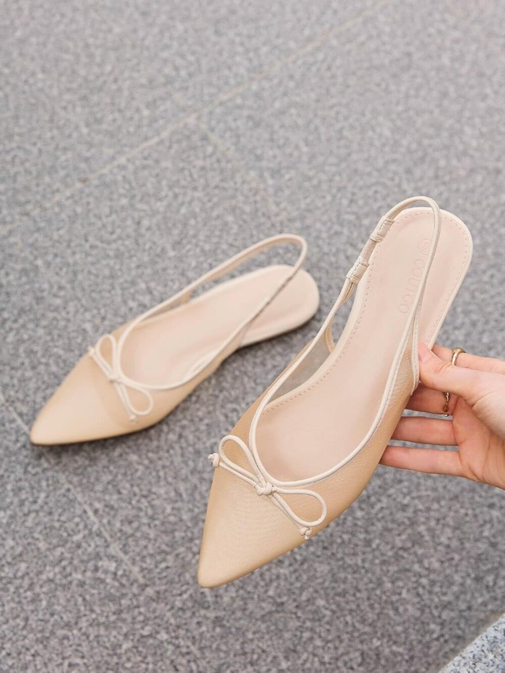 Women's Khaki Slingback Flats Bow Closed Pointed Toe Mesh Ballet Flats Low Heel - Picture 2 of 6